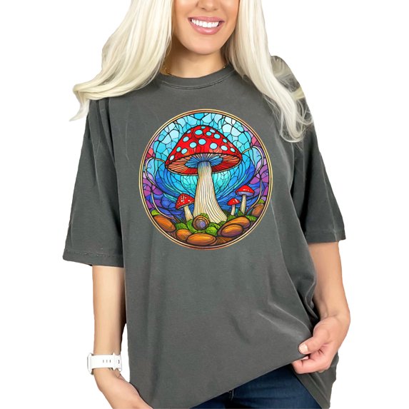 Vibrant Mushroom Art T-Shirt, Colorful Stained Glass Design Tee, Unique Artistic Graphic Shirt, Nature Inspired Fungi Print Top, Pepper Comfort Colors T-Shirt, Medium