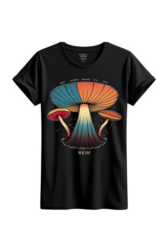 Vibrant Mushroom Graphic Black T-Shirt Unique Statement Piece
