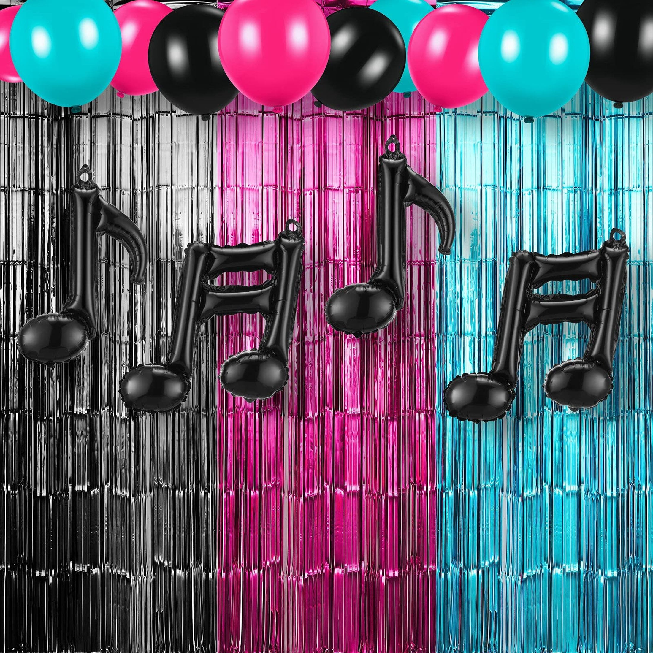 Vibrant Music Celebration Kit with Rose Red, Blue, and Black Tinsel Curtains, Music Note Balloons, and Festive Decorations for Unforgettable Party Backdrops