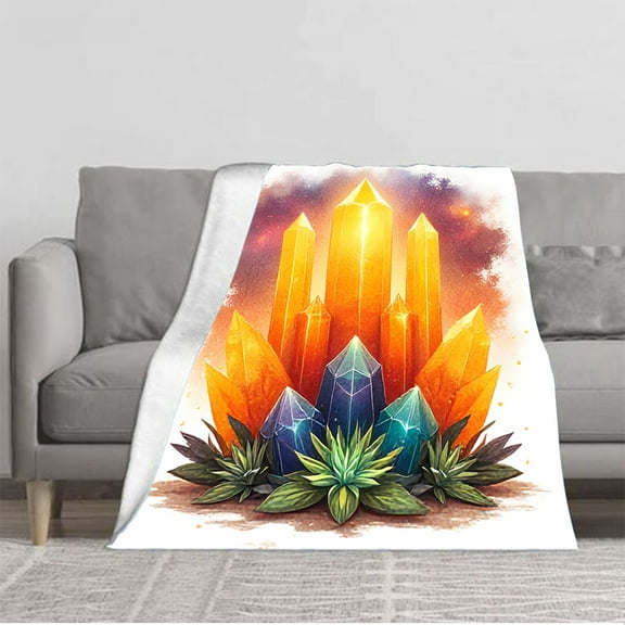 Vibrant Mystical Crystals Pattern Flannel Blanket - Soft Cozy and Warm for Sofa Travel Bed and Chair