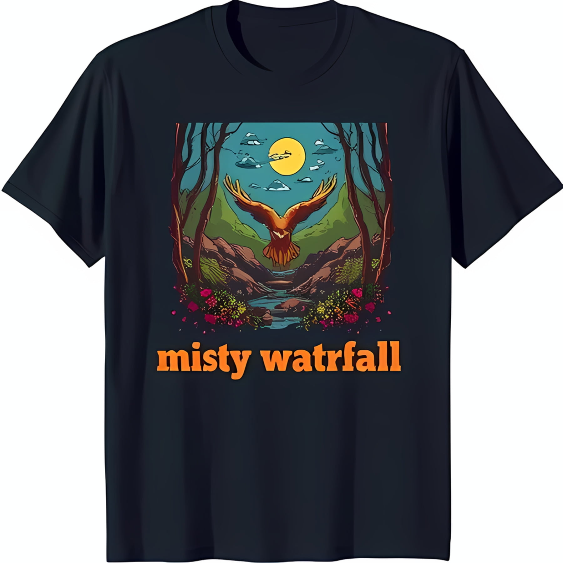 Vibrant Mystical Forest TShirt with Soaring Eagle & River Unique