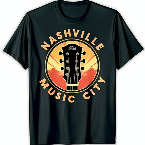 Vibrant Nashville Music City Graphic Black T-Shirt with Design