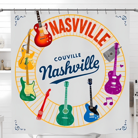 Vibrant Nashville Music Scene Shower Curtain with Colorful Guitars & Retro Font - Fun Bathroom Decor