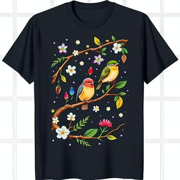 Vibrant Nature Inspired Graphic on Black T-Shirt Colorful Birds & Blossoms