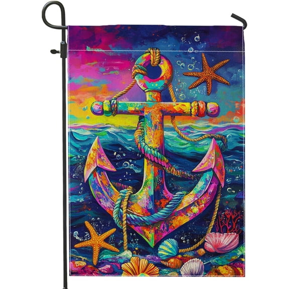 Vibrant Nautical Anchor Garden Flag, Colorful Marine Decor Yard Banner, Coastal Summer Outdoor Decoration, Double Sided Fabric, Beach Theme Lawn Flag 12x18 Inch