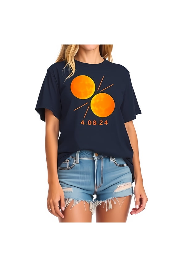 Vibrant Navy Blue Cotton Short Sleeve T-Shirt with Radiant Suns Graphic & Date 4 08 24 - Perfect for Summer Casual Outings