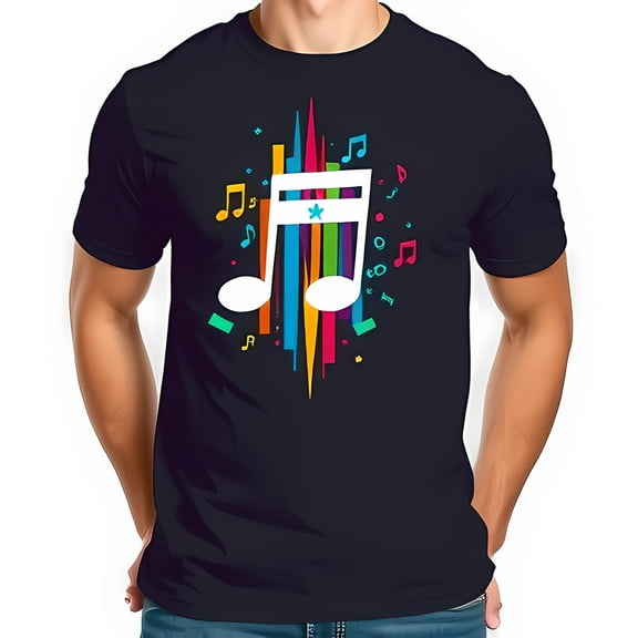 Vibrant Navy Blue T-Shirt with Stylized Musical Notes & Colorful Stripes - Music Design