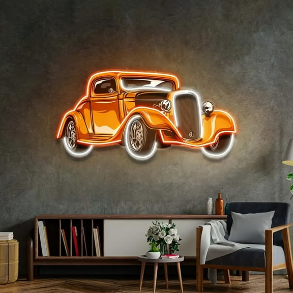 Vibrant Neon Classic Car Wall Art - Dimmable Retro Decor w/ Adjustable Brightness, USB Night Light for Game Rooms, Teen Bedrooms, Bars & Shops, Nostalgic Plastic Design