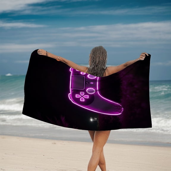 Vibrant Neon Gaming Controller Beach Towel - Perfect for Pool Travel & Bath Features Eye-Catching Pink Glow Design