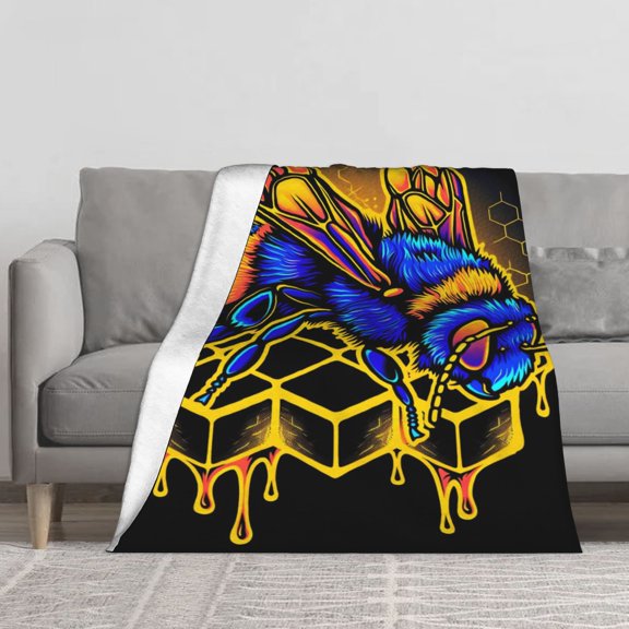 Vibrant Neon Graffiti Bee Flannel Throw Blanket, Dripping Golden Honeycomb Bold Color Insect Print Soft Cozy Lightweight Blanket for Sofa Bedroom, Cool Street Art Gift for Bee Nature Lovers