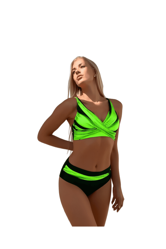 Vibrant Neon Green Wrap Bikini Set with Black Accent High Waist Bottom
