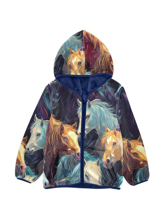 Vibrant Neon Horses Toddler Fleece Hooded Jacket Zip Warm Coat 4T