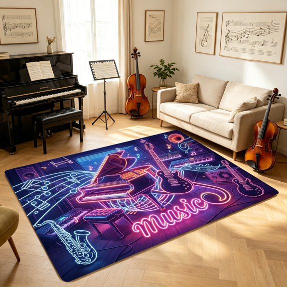 Vibrant Neon Musical Instrument Printed Floor Mat, Bedroom Living Room Kitchen Home Decor Mat, Holiday Housewarming Gift for Musicians