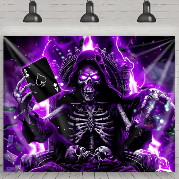 Vibrant Neon Skull Poker King Tapestry UV Reactive Glow-in-the-Dark Polyester Wall Decor Skeleton Gaming Design for Bedroom Game Room Living Room Party Decorations