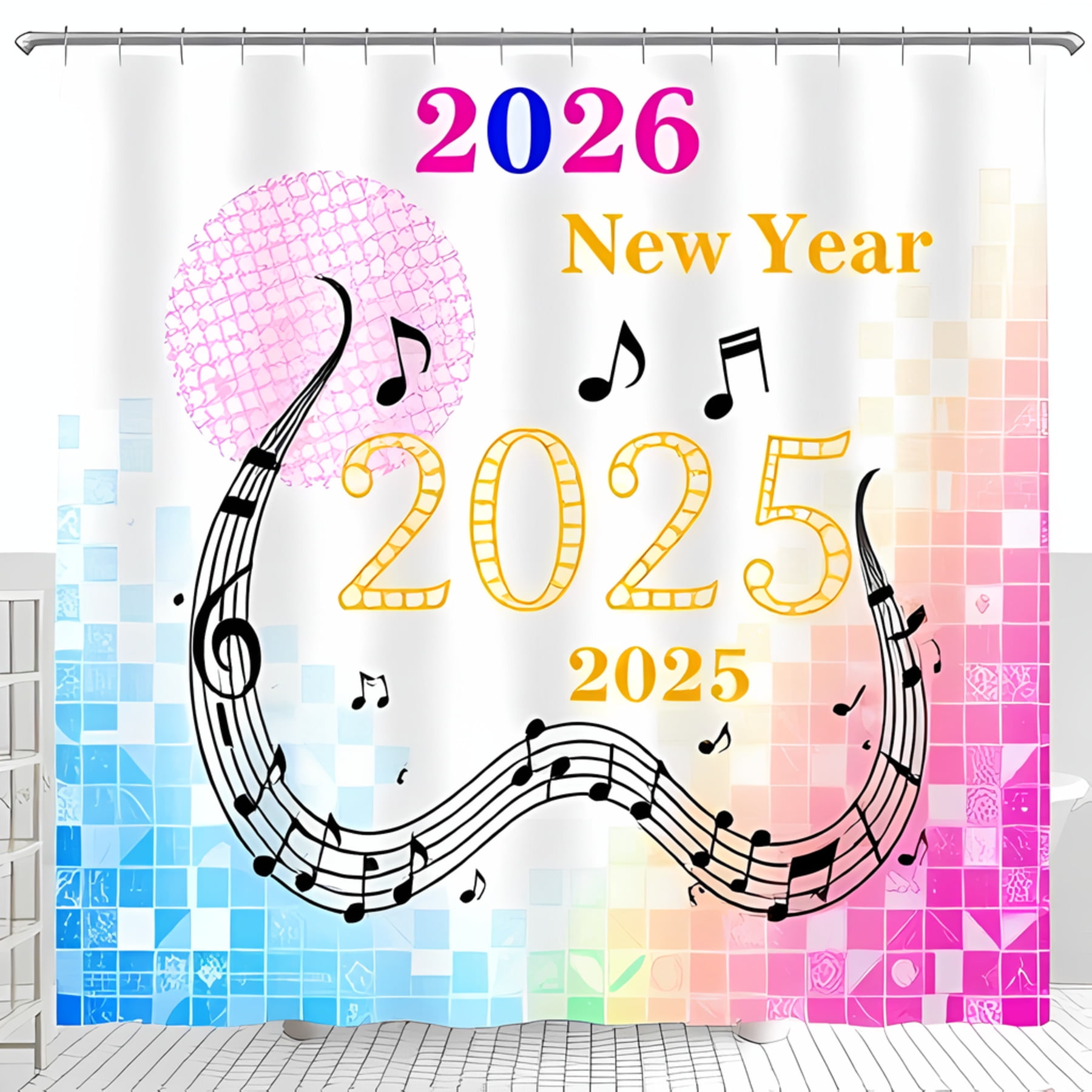 Vibrant New Year Shower Curtain with Musical Notation 2025 & 2026 in