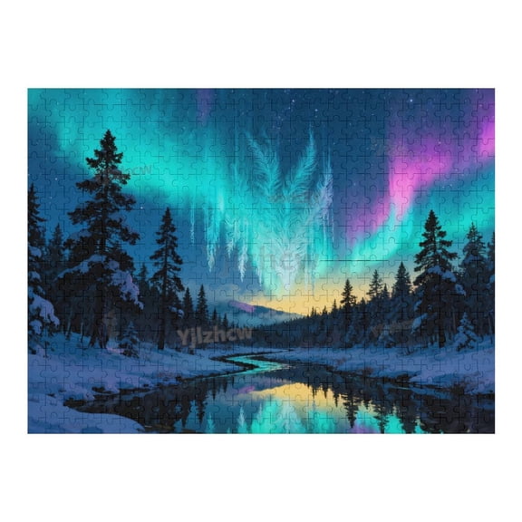 Vibrant Northern Lights Snow Covered Trees River Wooden Jigsaw Puzzle 500 Pieces for Adults and Teens, Scenic Nature Puzzle, Indoor Brain Teaser, Relaxing Hobby, Tabletop Entertainment Activity