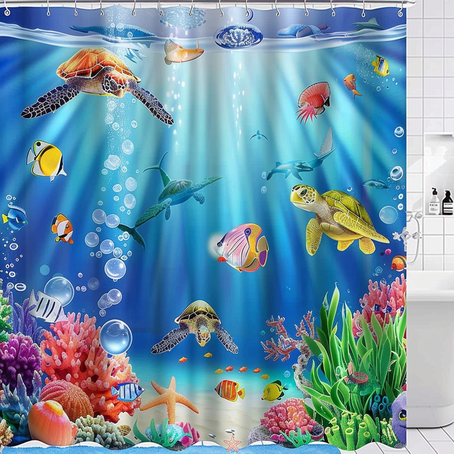Vibrant Ocean Life Shower Curtain Set with Turtles Fish and Jellyfish