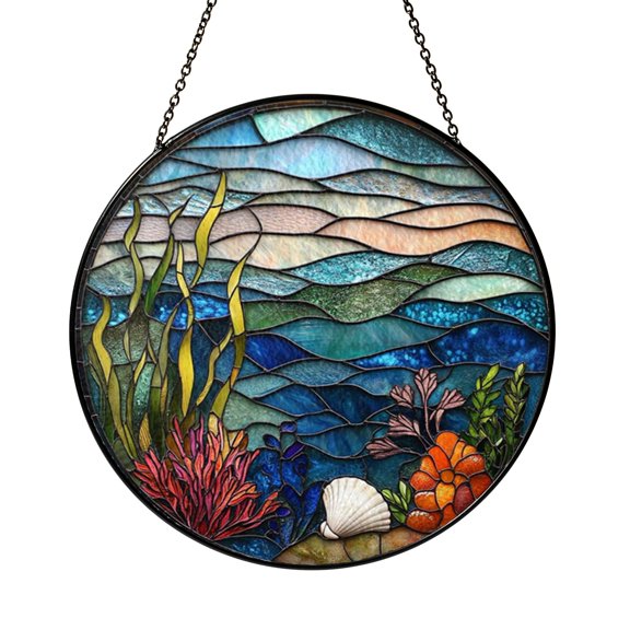 Vibrant Ocean Reef Underwater Scene Stained Glass Style Window Hanging Suncatcher, Colorful Marine Decor Gift