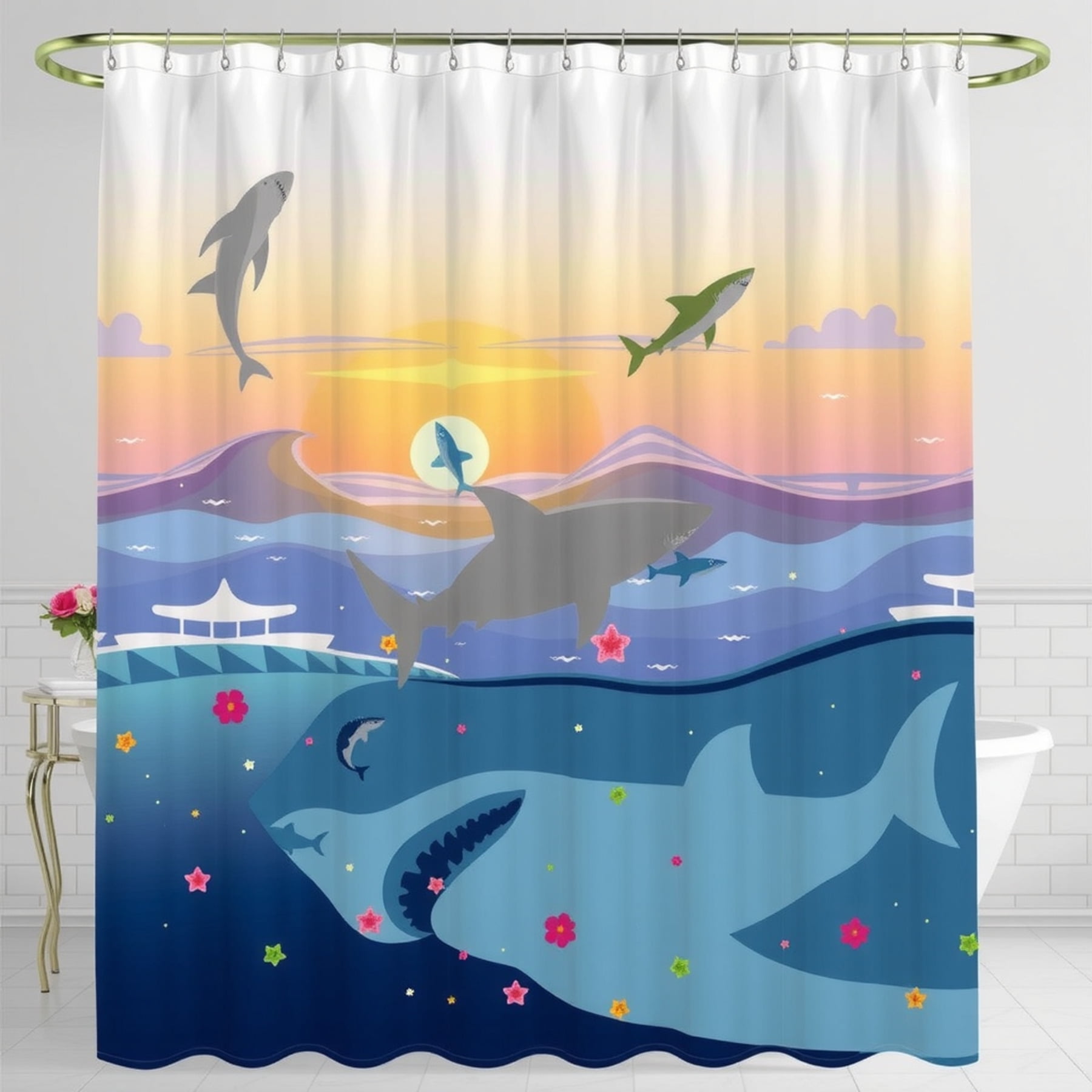 Vibrant Ocean Scene Shower Curtain with Sunrise, Sharks & Underwater