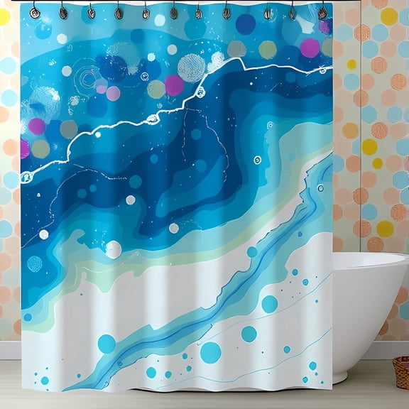 Vibrant Ocean-Themed Shower Curtain with Wave Design & Colorful Polka Dots - Modern Bathroom Decor