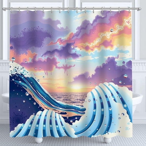 Vibrant Ocean Wave Shower Curtain - Geometric Design with Sunset Colors & Whimsical Bubbles