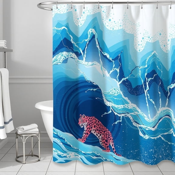 Vibrant Ocean Wave Shower Curtain with Pink-Spotted Design - Bold & Colorful Bathroom Decor