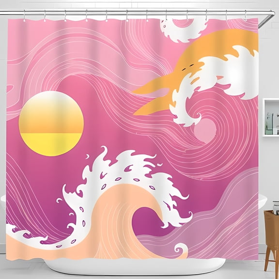 Vibrant Ocean Waves Shower Curtain with Sunset Design Modern Japanese Aesthetic Calming Colors Perfect for Bathroom Decor