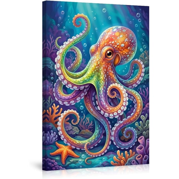 Vibrant Octopus Canvas Wall Art Colorful Underwater Sea Life Poster Nautical Ocean Animal Artwork Print for Living Room Bedroom Kids Nursery Home Decorations
