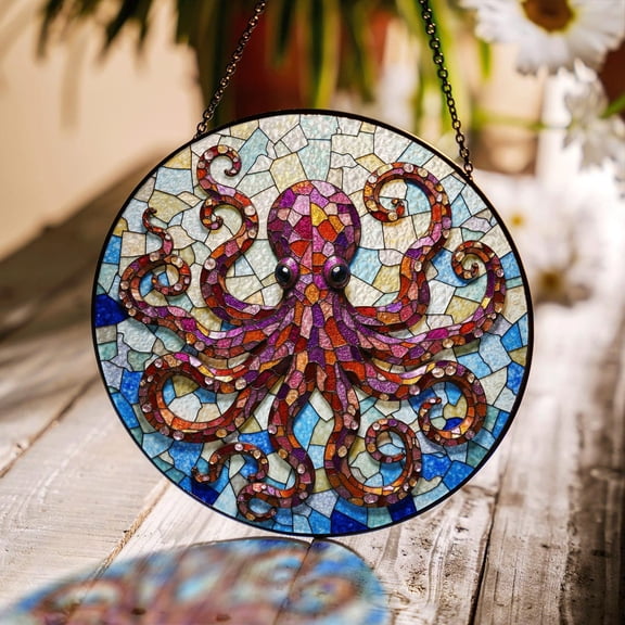 Vibrant Octopus Mosaic Glass Suncatcher Undersea Animal Decor Gift For Ocean Lovers, Suncatcher Window Hanging, 6.3 in
