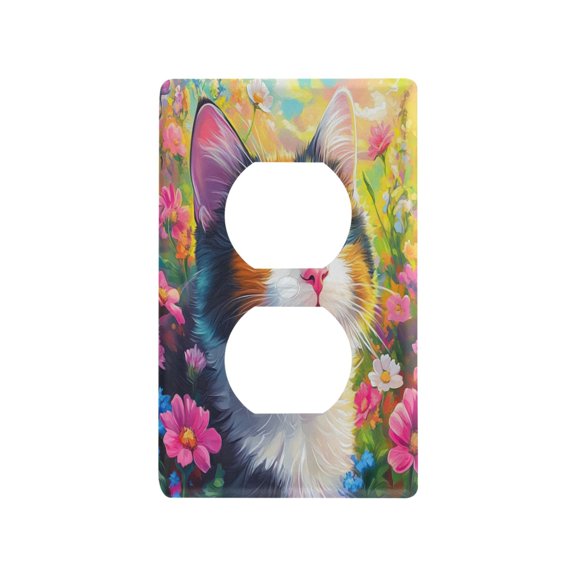 Vibrant Oil Painting Calico Cat Decorative Wall Plate, Flame Retardant PC Plastic Light Switch & Outlet Cover with Mounting Screws Fits Duplex Outlets