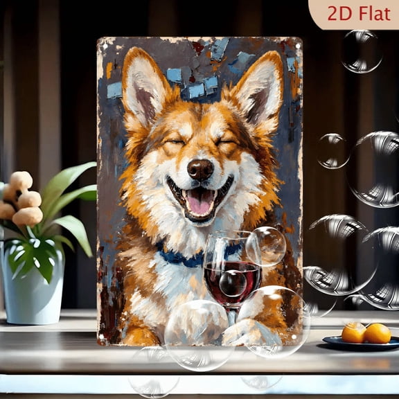 Vibrant Oil Painting Style 8x12in Metal Wall Art, Anthropomorphic Corgi Dog Enjoying Red Wine, Whimsical Impasto Portrait with Blue Collar, Abstract Background, Decorative Home Office Gift