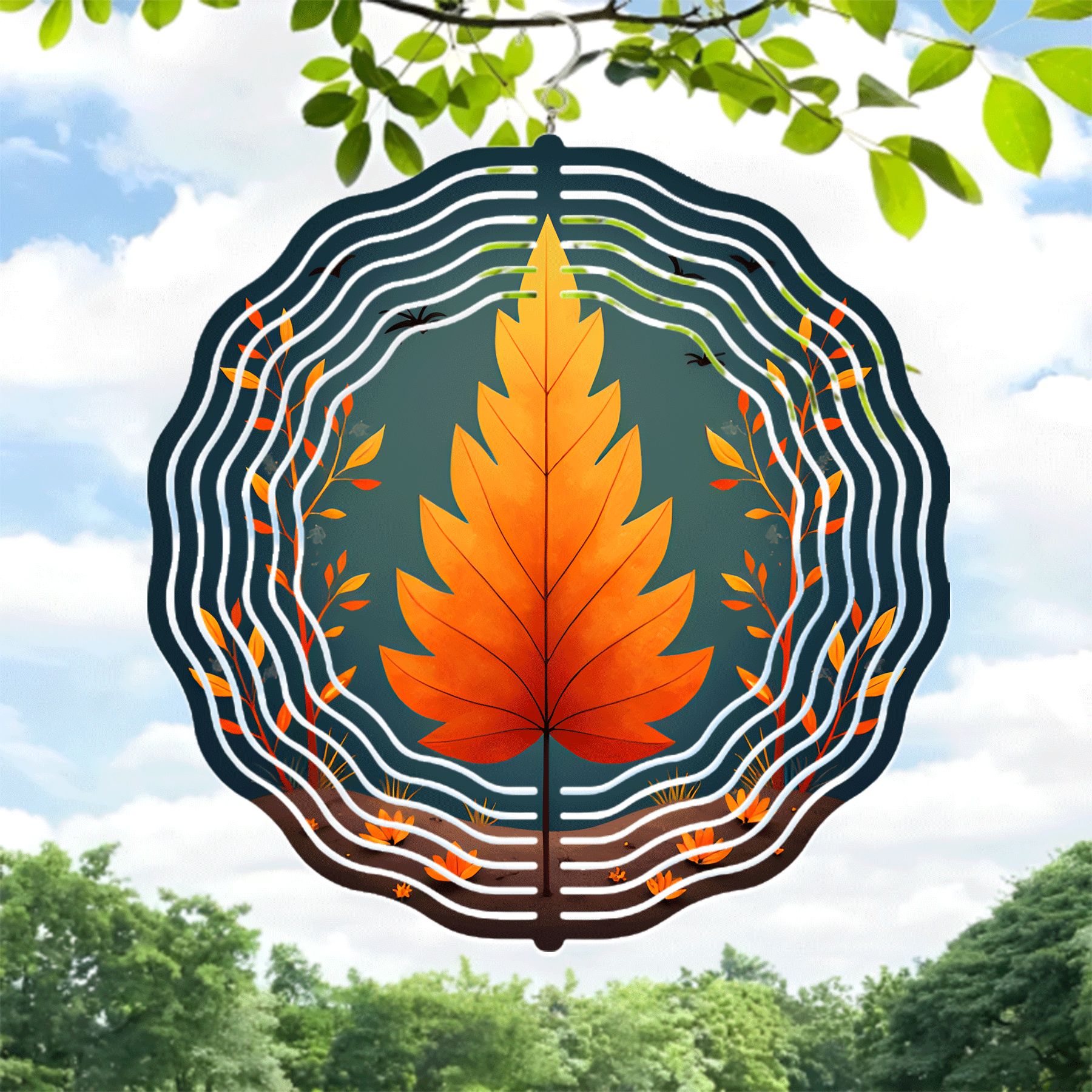 Vibrant Orange Autumn Leaf Metal Wind Spinner with Intricate White ...