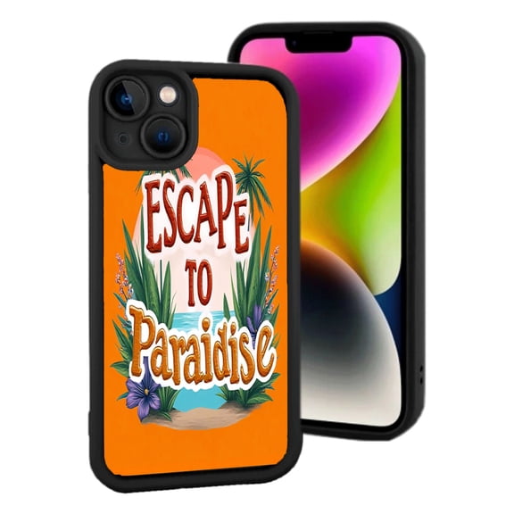 Vibrant Orange Beach Scene iPhone 15 Case - ' ESCAPE TO PARADISE ' with Tropical Palm Trees & Flowers Lightweight & Yellowing Resistant