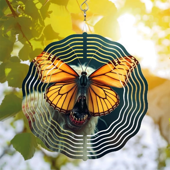 Vibrant Orange Butterfly Metal Wind Spinner with Intricate Patterns & Concentric White Lines - Stunning Garden Decor for Yard