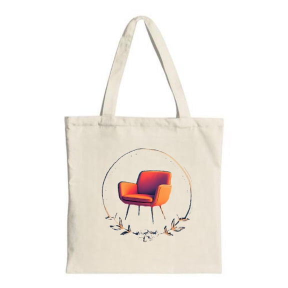 Vibrant Orange Chair Tote Bag - Stylish Canvas Bag with Circular Frame & Leaf Border Perfect for Shopping Travel & Parties