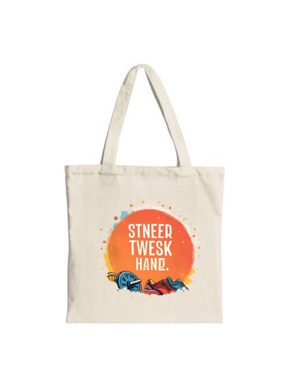 Vibrant Orange Circle Tote Bag with Blue & Yellow Splashes ' STNEER TWESK HAND ' Text Perfect for Shopping Travel & Parties