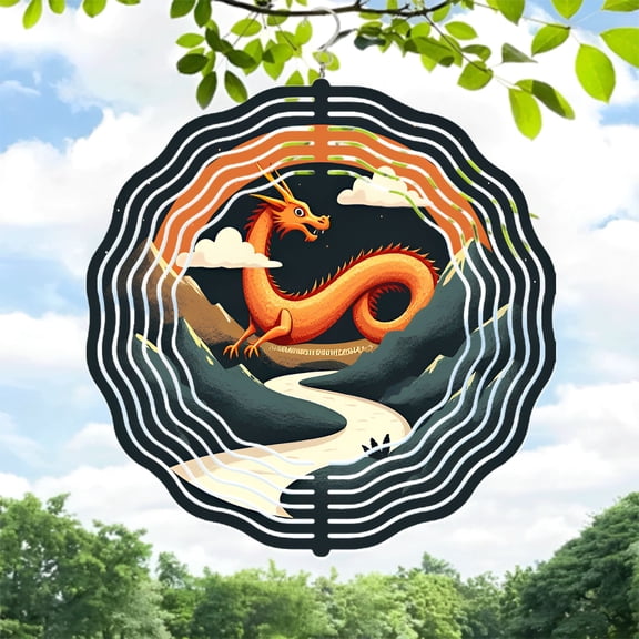 Vibrant Orange Dragon Metal Wind Spinner & Chime for Yard & Garden - Dynamic Design with Sunrise Reflective River Scene