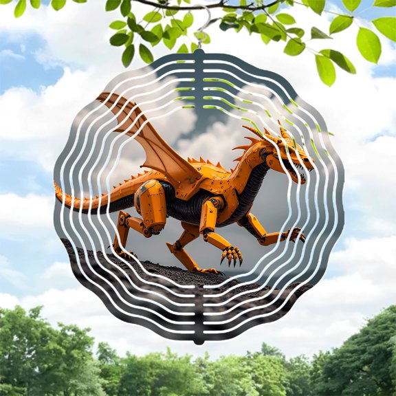 Vibrant Orange Dragon Metal Wind Spinner - Design with Concentric White Lines - Perfect for Yard & Garden Decor