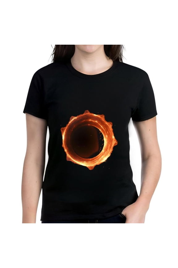 Vibrant Orange Fiery Circular Design Cotton Short Sleeve T-Shirt for Women - Pattern with Intricate Sparks on Black Background
