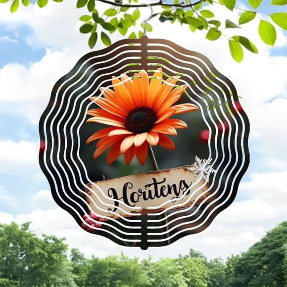 Vibrant Orange Flower Metal Wind Spinner with Elegant Cursive ' Horitens ' Sign - Unique Garden Decor with Motion Effect
