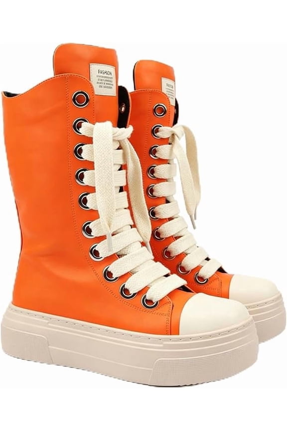 Vibrant Orange High Top Sneakers Platform Style with Side Zipper Thick Laces Round Toe Thick Sole Fashion Casual Shoes