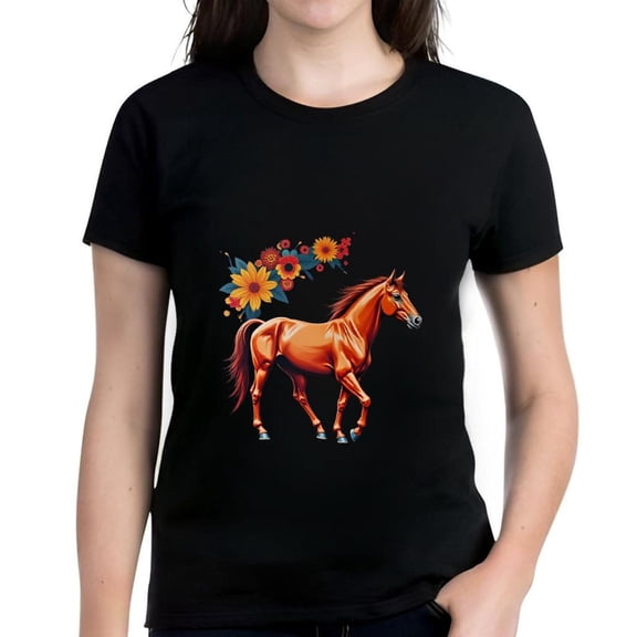 Vibrant Orange Horse & Colorful Flower Pattern Women's Cotton Short Sleeve T-Shirt Tee Top