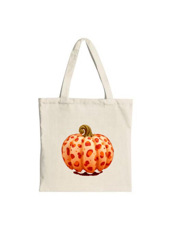 Vibrant Orange Pumpkin Tote Bag - Canvas Multifunctional Reusable Shopping Bag with Red Spots & Green Stem Perfect for Parties & Travel
