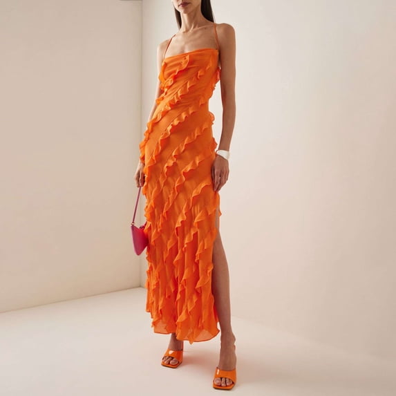 Vibrant Orange Ruffled Maxi Dress (S, Orange)