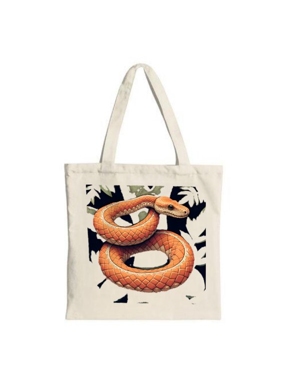 Vibrant Orange Snake Tote Bag - Intricate Scales & Abstract Leaf Patterns on Dark Background Perfect for Shopping & Travel