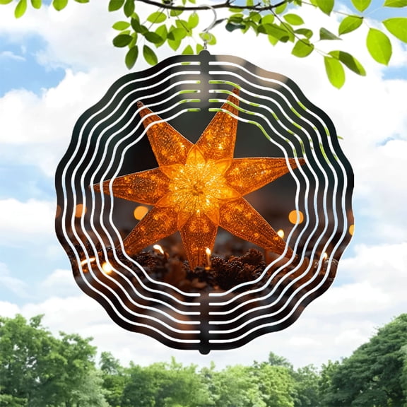 Vibrant Orange Star-Shaped Metal Wind Spinner with Concentric Wave Patterns - Perfect Hanging Wind Chime for Yard & Garden Decor