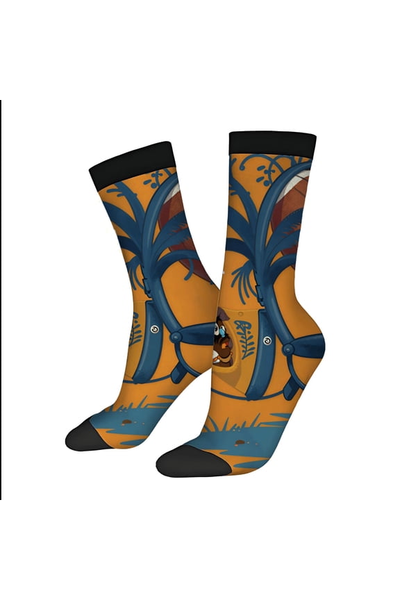 Vibrant Orange Whimsical Socks with Blue & Brown Abstract Patterns Cartoon Monkey Design Unisex Trendy 2 - Pair Set for All Seasons