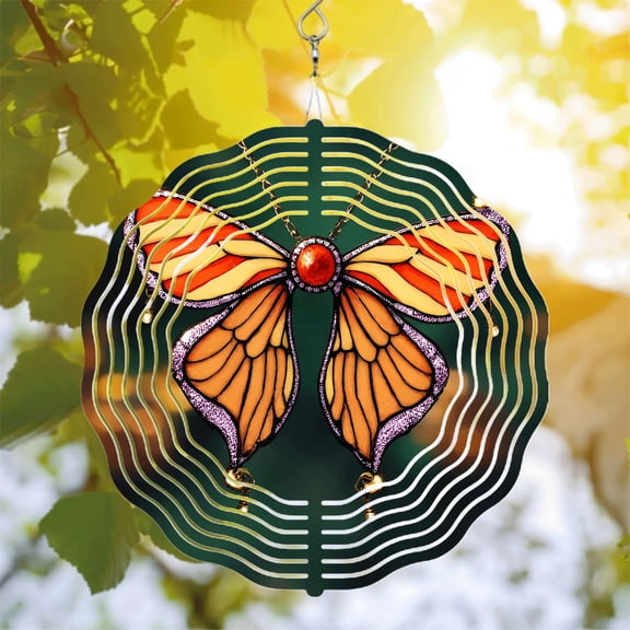 Vibrant Orange & Yellow Butterfly Metal Wind Spinner with Intricate Patterns & Red Gem Perfect for Yard & Garden Decor