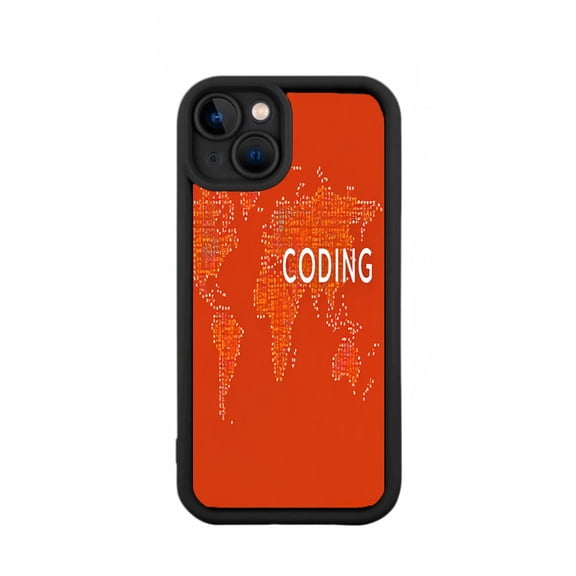 Vibrant Orange iPhone 15 Case - Lightweight Yellowing Resistant with White Dot World Map & ' CODING ' Design Black Border