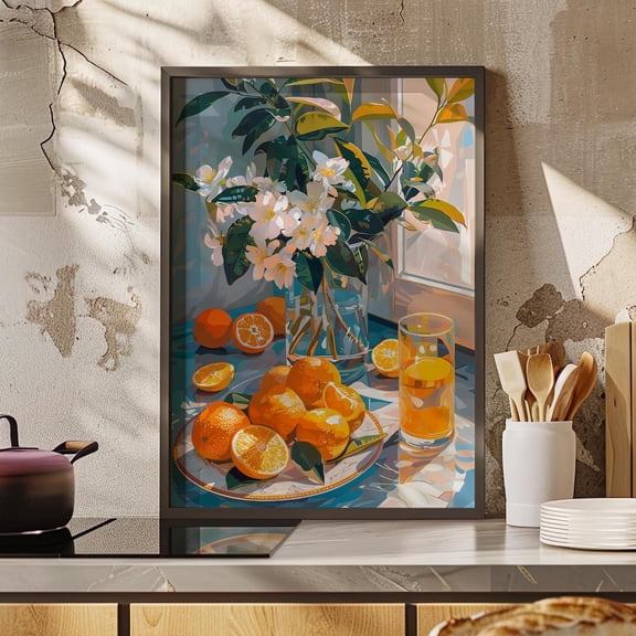 Vibrant Oranges On Table Sun-Kissed Citrus Fruit Kitchen Wall Decor Lemon Botanical Art, Unframed Poster